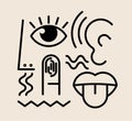 Five human senses icon composition. Mouth to taste, nose to smell and ear to hearing and hand to touch and eye for vision. Royalty Free Stock Photo