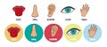 Five human senses line icons set. Vision, smell, hearing, touch, taste icons. Human sensory organs. Eye, nose, ear, hand Royalty Free Stock Photo