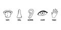 Five human senses line icons set. Vision, smell, hearing, touch, taste icons. Human sensory organs. Eye, nose, ear, hand Royalty Free Stock Photo
