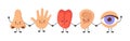 Five human senses organs kawaii characters set. Nose, ear, hand, tongue and eye hold hands. Cute sensory organs. See Royalty Free Stock Photo