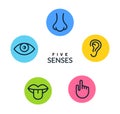 Five human senses vision eye, smell nose, hearing ear, touch hand, taste mouth and tongue. Line vector icons set Royalty Free Stock Photo