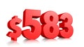 583$ Five hundred and eighty three price symbol. red text number 3d render with dollar sign on white background Royalty Free Stock Photo
