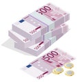 Five hundred euro banknote and one euro coin on a white background. Flat 3d vector isometric illustration concept