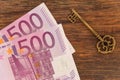 Five hundred euro banknotes with the key to the apartment Royalty Free Stock Photo