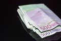 Five hundred euro bills stacked with rubber band Royalty Free Stock Photo