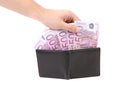 Five hundred euro in purse and hand. Royalty Free Stock Photo