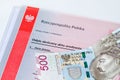 Five hundred polish zloty on birth certificate, concept of polish social program named 500 +
