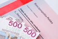 Five hundred polish zloty on birth certificate, concept of polish social program named 500 +