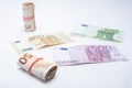 Banknotes of 500, 200, 100 and 50 euros on a white background