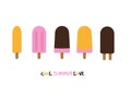 Five ice creams on white background with text cool summer love