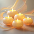 Five illuminated spherical candles with delicate orange patterns and light streaks flame glow Royalty Free Stock Photo