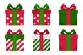 Five Christmas Gift Boxes with Red and Green Wrapping Paper Royalty Free Stock Photo