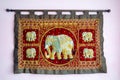 Five india elephants on silk gobelin