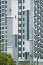 Five industrial climbing workers painting the facade of a high residential building