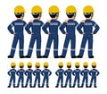 Five industrial workers standing together on white background