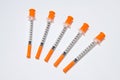 Five insulin syringe isolated on white Royalty Free Stock Photo