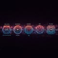 Five interconnected circular nodes with futuristic, digital designs glow against a dark