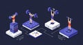 Five isometric weightlifters stand on various digital platforms, representing data Royalty Free Stock Photo