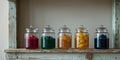 Five Jars of Colorful Fruit Preserves on Rustic Wooden Shelf. Royalty Free Stock Photo