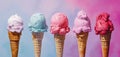 Five kinds of bright flavors and colors of ice creams in waffle cones isolated on bright color gradient background, copy space