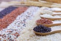 Five kinds of rice on wooden spoon