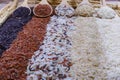 Five kinds of rice on wooden spoon