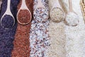 Five kinds of rice on wooden spoon