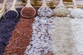 Five kinds of rice on wooden spoon