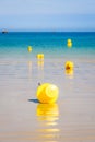 Yellow buoys lying on the wet sand and floating on the sea along the beach under a bright sunshine Royalty Free Stock Photo