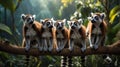 A Captivating Lineup: Five Ring-Tailed Lemurs Perched Harmoniously on a Tree Branch Royalty Free Stock Photo