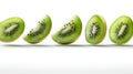Five levitating kiwi fruit slices against a white background Royalty Free Stock Photo