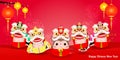 Five little rats and lion dance, Happy new year 2020 year of the rat zodiac, Cartoon isolated vector illustration, greeting card