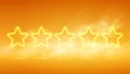 Five luminous yellow stars, banner showing the best quality and product rating rated by users, futuristic technology with orange