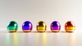 Five metallic Easter eggs in various colors are positioned in a straight line, complete with realistic shadows, on a clean white Royalty Free Stock Photo
