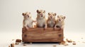 Four Singing Hamsters On Wooden Crate: Conceptual Photography With Hyper-realistic Portraiture
