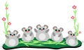 Five Mice in a Row with Stalks of Flowers