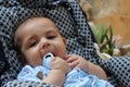 Five months old baby boy playing in the pushchair Royalty Free Stock Photo