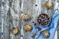 Five muffins with blackcurrant top view, horizontal Royalty Free Stock Photo