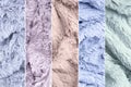 Five multi-colored samples of a furry fluffy plaid