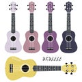 Five multi-colored ukulele on a white background. Musical instruments