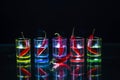 Five multicolored shot glasses full of drink and with the red ch Royalty Free Stock Photo