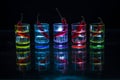 Five multicolored shot glasses full of drink and with the red ch Royalty Free Stock Photo