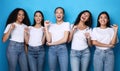 Five Multiracial Ladies Pointing At Themselves Posing Over Blue Background