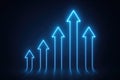 Five Neon Blue Arrows Pointing Upwards in Increasing Size Against a Dark Background growth increase Royalty Free Stock Photo