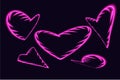 Five neon hearts on a black background