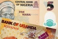 A five Nigerian Naira bank note with a thousand Ugandan shilling bill