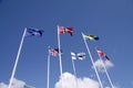 Five Nordic flags on flagpoles with EU flag. Denmark, Sweden, Norway, Finland, Iceland and European Union. Royalty Free Stock Photo