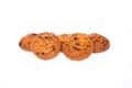 Five oatmeal chocolate chip cookies. Royalty Free Stock Photo