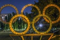 Five olympic rings on the background of the stadium Royalty Free Stock Photo