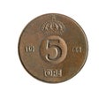 Five ore coin made by Sweden in 1966